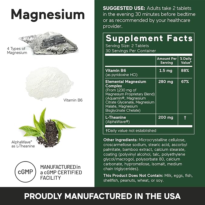 Smarter Nutrition Magnesium Complex - Chelated Magnesium Glycinate with Citrate, Malate and L-Theanine for Sleep, Muscle Relaxation and Stress Support - Non-GMO - 60 Tablets[30DaySupply]
