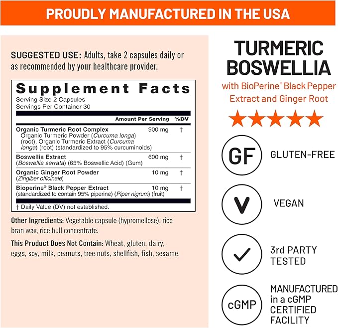 NatureWise Turmeric Boswellia Supplement with BioPerine & Organic Ginger Root - Organic Turmeric 900mg + Boswellia Extract 600mg - Non-GMO, Vegan, USA Manufactured - 60 Capsules[30-Day Supply]