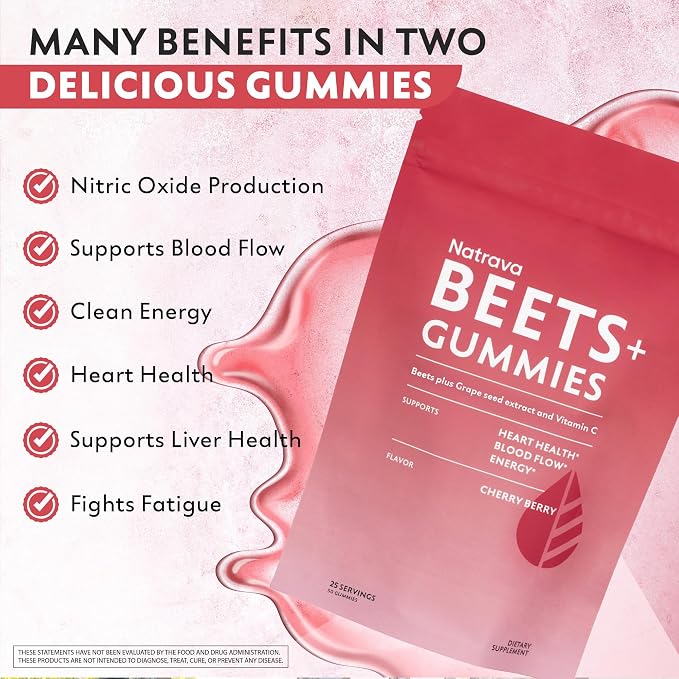 Natrava Beets+ Gummies - Premium Beet Root Powder, Grape Seed Extract and Vitamin C - Supports Healthy Blood Pressure and Heart Health - Low Sugar Nitric Oxide and Circulation Supplement - 50 Gummies