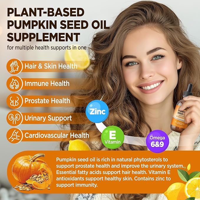 Pumpkin Seed Oil - DHT Blocker for Men Women Hair Growth, Organic Pumpkin Seed Extract with Saw Palmetto for Prostate & Urinary Health, Cold Pressed Supplements Liquid Drops, Lemon, Vegan, 4 Fl Oz