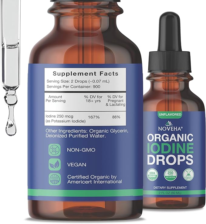 NOVEHA Organic Iodine Drops - Potassium Iodide Liquid - Iodine Supplements for Thyroid & Metabolism Support, 250 mcg per Serving, USDA Organic, Vegan, Non-GMO, Gluten-Free | 30-Month Supply - 2 Fl Oz