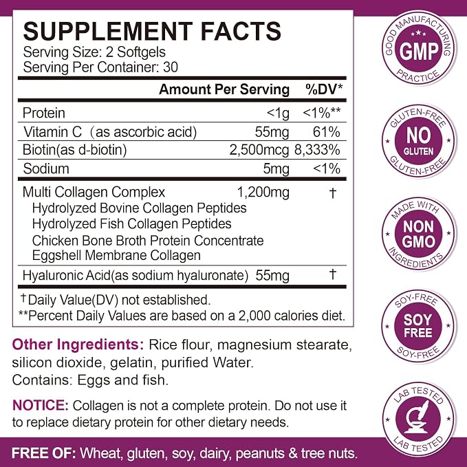 Multi Collagen Peptides Softgel for Women & Men - Type I, II, III, V, X - Hydrolyzed Collagen Peptides with Biotin, Vitamin C & Hyaluronic Acid - Support Skin Hair Nail & Joint - Non GMO, 240 Softgel