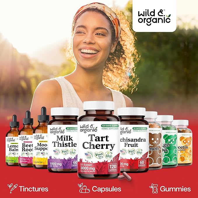 Wild & Organic Tart Cherry Capsules 600 mg - Uric Acid Support - Tart Cherry Powder Supplement - Prunus Cerasus Fruit Extract - 120 Days of Supply - Vegan, No Fillers, Non-GMO - 120 Count