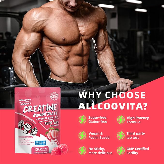 Allcoovita Creatine Monohydrate Gummies 5g for Men & Women. Boost Focus,Strength, and Endurance, Anti-Melting Formula, Vegan, Gluten-Free, Non-GMO,(Peach 120 ct)