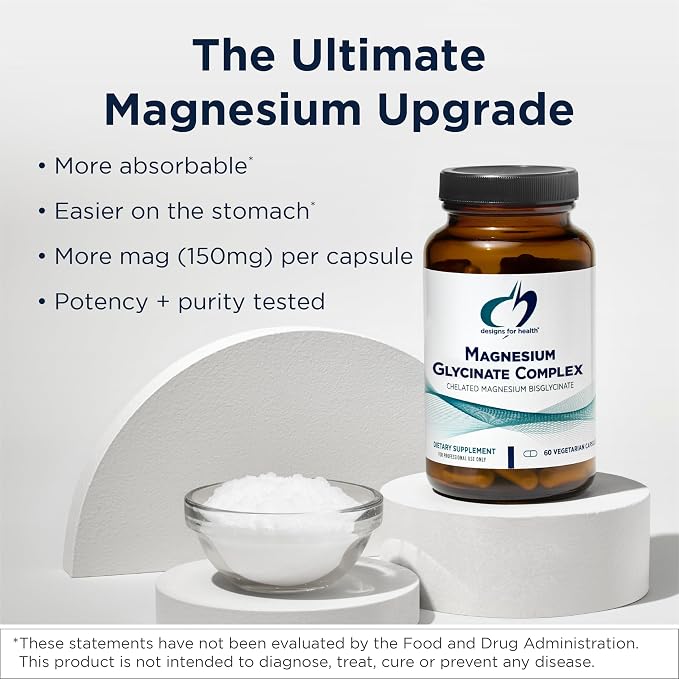 Designs for Health Magnesium Glycinate Complex - Chelated Magnesium Bisglycinate + High Absorption Magnesium for Calming & Sleep, Heart Health, Immune Support & Bone Strength - Vegan (120 Capsules)