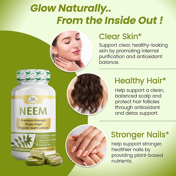 Organic Veda Neem Capsules – Herbal Supplement for Clear Skin, Immune & Gut Health For Men & Women - Single Origin True Green Neem Leaf Powder - Purifying & Cleansing Ayurveda Herb, 120 Vegan Capsules
