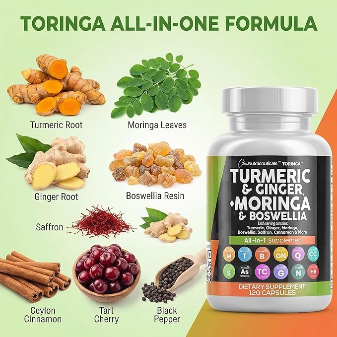 Clean Nutraceuticals Turmeric Moringa Supplement | Ginger Boswellia Saffron - Supplement for Women and Men with Ceylon Cinnamon, Tart Cherry, Quercetin Garlic Nettle Holy Basil - 1Pack