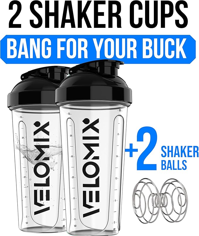 VELOMIX -2 Pack- 28 oz Protein Shaker Bottles for Protein Mixes - 2x Wire Whisk | Leak Proof Shaker Cups for Protein Shakes and Pre Workout | Protein Shaker Bottle Pack (D6) Transparent