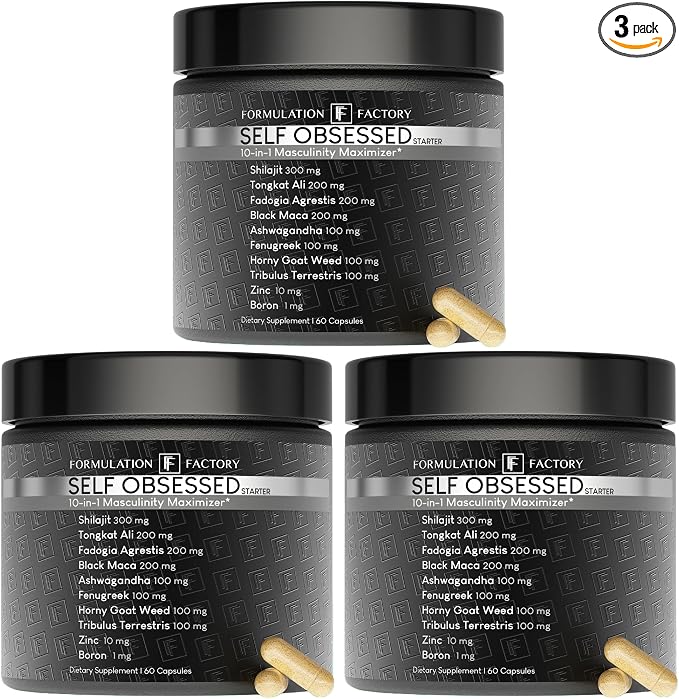 Formulation Factory Self Obsessed Masculine Vitality & Testosterone Support - 10-in-1 Complex with Shilajit, Tongkat Ali, & Fadogia Agrestis - 180 Capsules, 3 Month Supply
