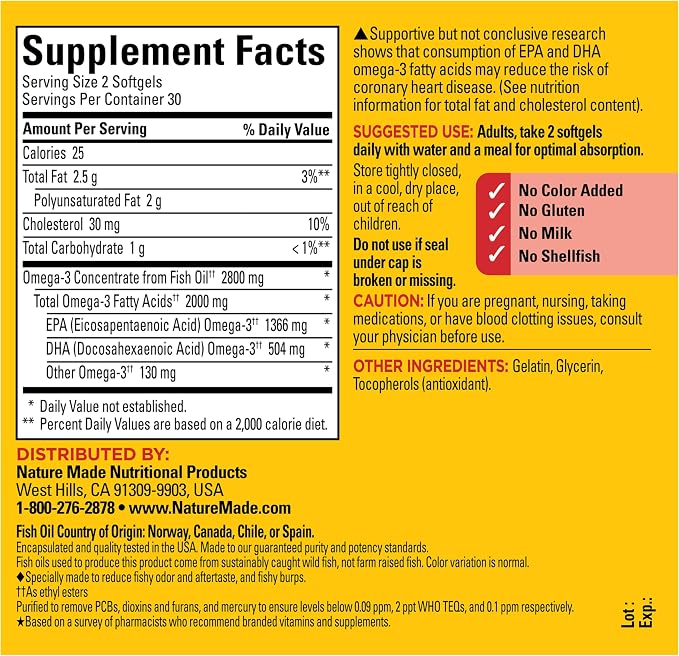 Nature Made Extra Strength Omega 3 Fish Oil Supplements, 2800mg, Fish Oil Omega 3 Supplements as Ethyl Esters for Healthy Heart, Brain, Eyes, Mood Support, 60 Softgels, 30 Day Supply