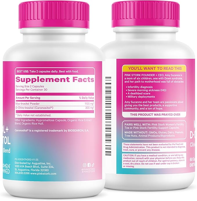 Pink Stork Myo-Inositol & D-Chiro Inositol: 3.6:1 Blend to Support Fertility, Hormone Balance for Women - Ovarian Function, Ovulation, Conception, and Period Support Supplement - 60 Capsules