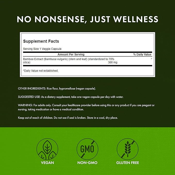 Swanson Bamboo Extract - Natural Hair, Skin and Nails Supplement - 70% Silica Content Supporting Collagen Formation & Bone Growth - (60 Veggie Capsules, 300mg Each) (2 Pack)