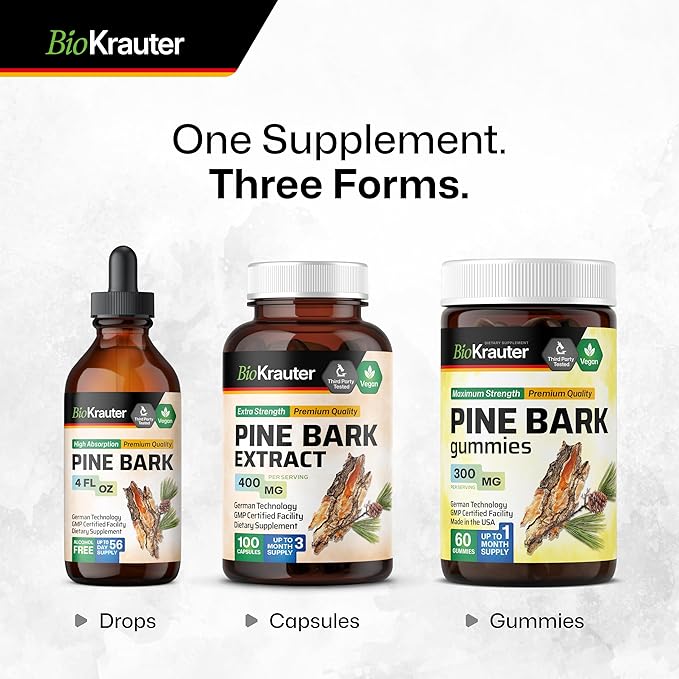 BIO KRAUTER® Pine Bark Extract for Circulatory & Antioxidant Support - Vegan French Maritime Pine Bark Herbal Supplements - Natural Antioxidants & Skin Support - 400 mg per Serving, 4 Fl. Oz.