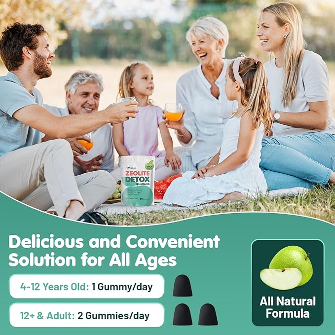 Zeolite Detox for Kids & Adults, 350mg Zeolite & 300mg Chlorella Detox Gummies, Detox Chewables Gentle Body Toxin Cleanse, 60 Gummies, Green Apple