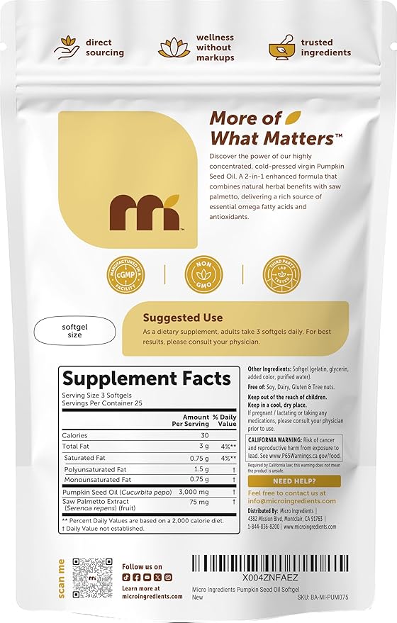Micro Ingredients Pumpkin Seed Oil with Saw Palmetto, 75 Softgels | Cold Pressed, Pure Virgin Oil, Essential Fatty Acids, & Phytosterols | Natural Herbal Supplement | Non-GMO