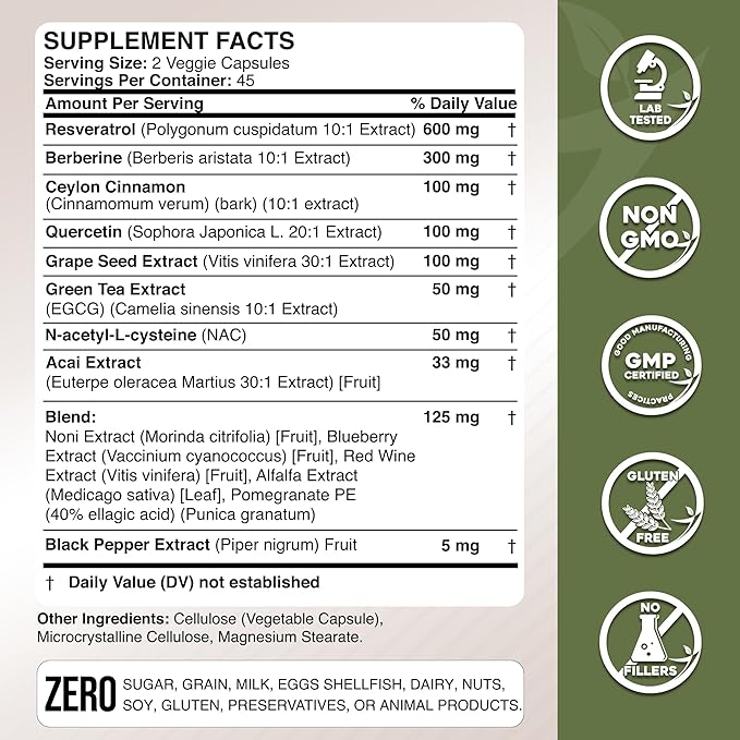 Gade Nutrition Resveratrol Berberine Quercetin Grape Seed Extract Green Tea Extract N-Acetyl Cysteine - 14 in 1 Complex Supplement for Women & Men with Potent Antioxidants - Made in USA