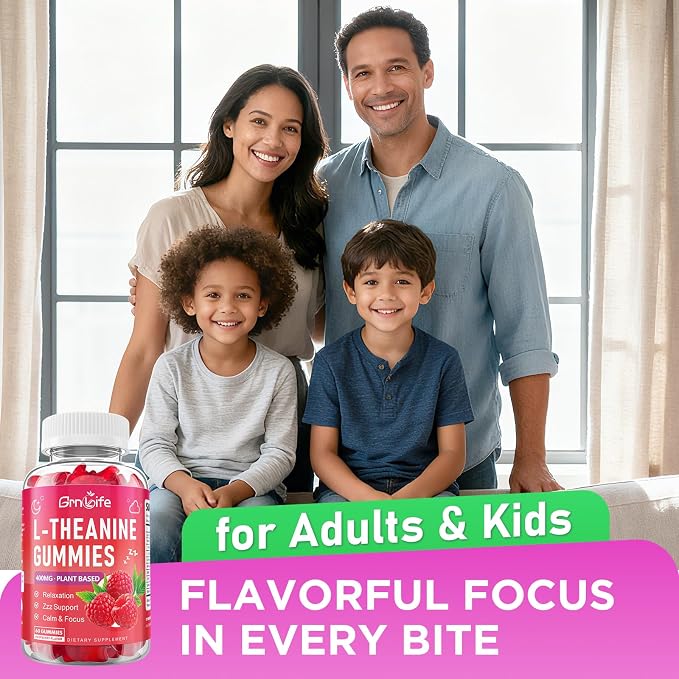 2 Pack L-Theanine Gummies for Kids & Adults, L'Theanine 400mg with Ashwagandha, GABA, 5HTP, L Theanine Supplement for Calm, Zzz & Relaxation Support, Raspberry Flavor, 120 Counts
