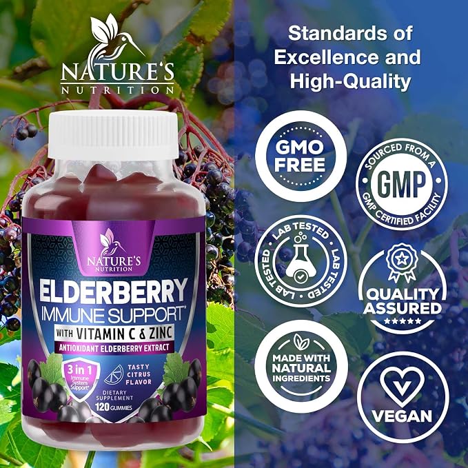 Elderberry Immune Support Gummies - 3X Strength Sambucus Elderberry Gummy with Vitamin C, D3 & Zinc - Nature’s Black Elderberry Extract - Immune Support Supplement for Adults & Kids - 120 Gummies