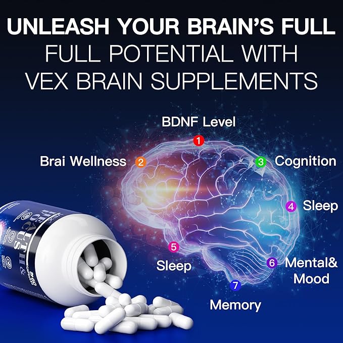 VEX Brain Supplements for Memory and Focus Contain Vitamin B12 folic Acid acetylcysteine Purslane Lion's Mane Mushroom and Ginkgo biloba extracts—for Brain Health 60 Capsules