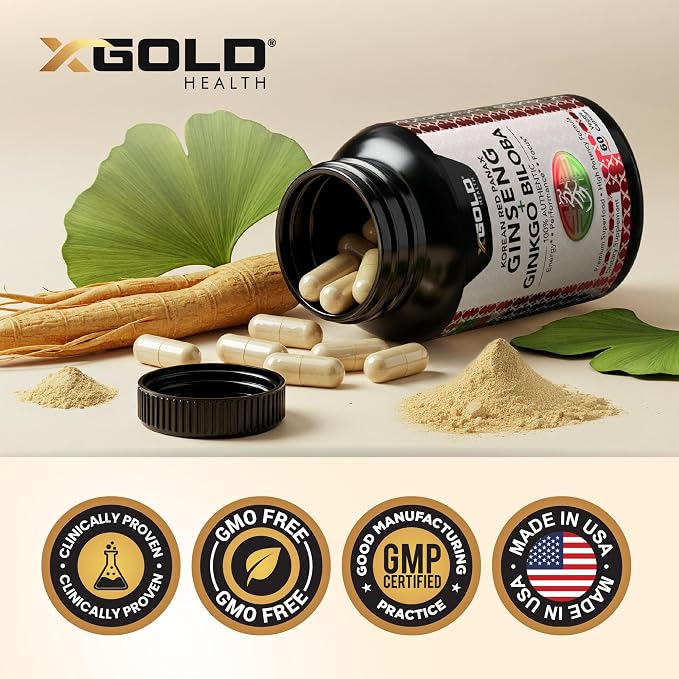 X Gold Health Korean Red Panax Ginseng + Ginkgo Biloba – 7% Ginsenosides Extra Strength – Energy, Memory, Focus & Brain Support – Premium Supplement for Men & Women – Non-GMO, 60 Vegan Capsules