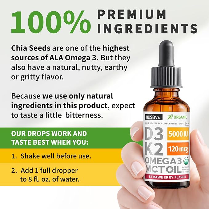 (2 Pack) Organic Vitamin D3 K2 Drops 5000 IU with MCT Oil Omega 3 - Maximum Strength Liquid D3 with No Fillers, Non-GMO for Faster Absorption, Immune Support (Strawberry, 2 Fl Oz)