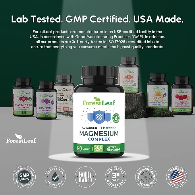 ForestLeaf Magnesium Complex for Women and Men - 500mg Magnesium Supplement for Sleep - 5-in-1 Chelated Magnesium Citrate, Bisglycinate, Malate, Taurate, Oxide (120 Ct)