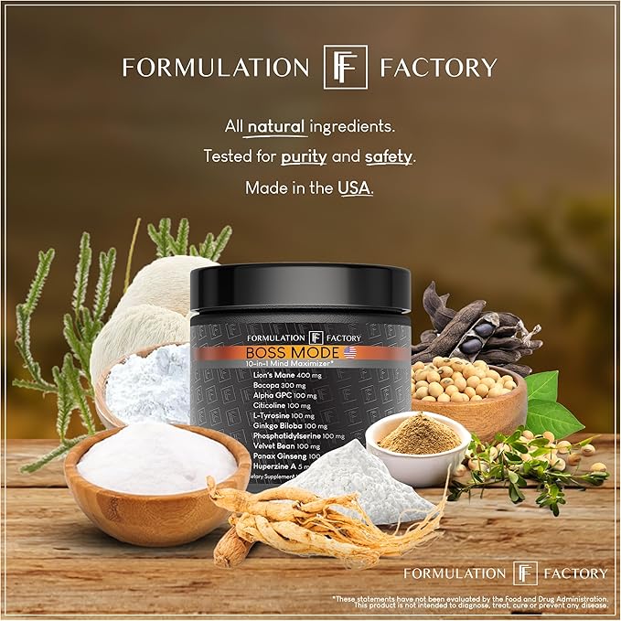 Formulation Factory Nootropic Brain Supplement - Boss Mode Focus & Memory Complex with Lion's Mane, Alpha GPC & Bacopa - Cognitive Support - 120 Capsules, 2 Month Supply