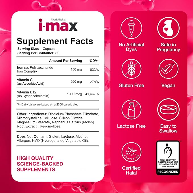 Pharmaris i-max Iron Supplement 150 mg, Vitamin C 250 mg & B12 1000 mcg, Iron Supplement for Women & Men, No Artificial Dyes, Vegan, Once Daily, 30 Capsules