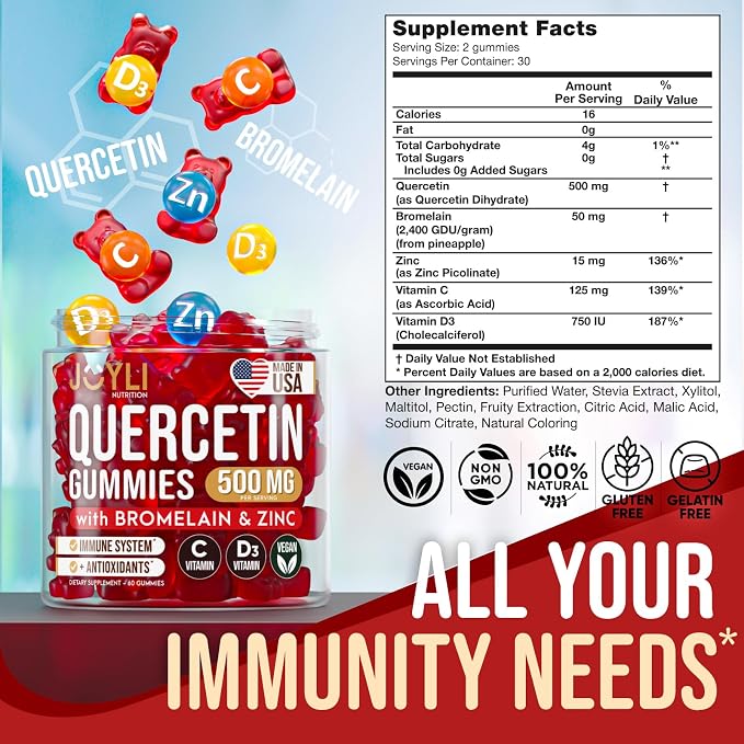 JOYLI Quercetin Gummies - Quercetin with Bromelain Zinc Vitamin C & Vitamin D3 - Quercetin Supplement 500MG for Immune System & Allergy - Quercetin for Kids and Adults - 60 Quercetin Chewable