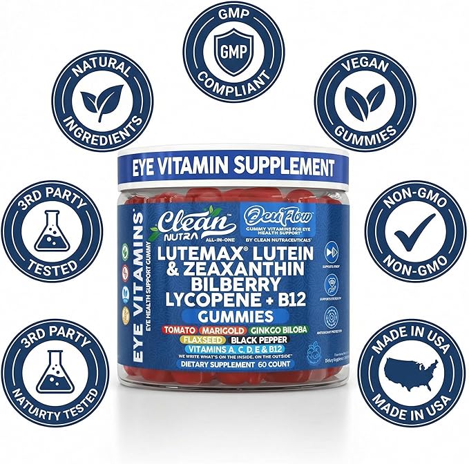 Clean Nutra Lutein and Zeaxanthin Eye Vitamins Gummies + Bilberry for Eyes Vision Support Ginkgo Biloba Marigold, Vitamin B12 Flaxseed Black Pepper CoQ10 Vitamin A l 60 Count B OcuFlow