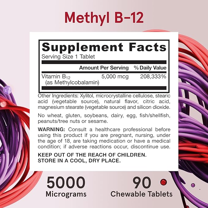 Jarrow Formulas Maximum Strength Methyl B-12 5000 mcg Dietary Supplement - 90 Cherry Chewable Tablets - Bioactive Vitamin B-12 - Supports Cellular Energy Production, Sleep & Brain Health (Pack of 12)
