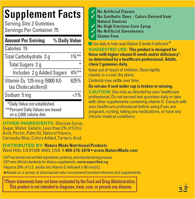 Nature Made Vitamin D3 5000 IU Per Serving Gummies Extra Strength, Bone and Immune Health Support, 150 Vitamin D Gummies for Adults, 75 Day Supply