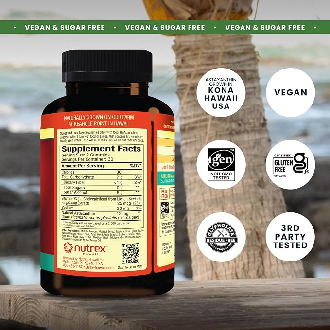 Nutrex Hawaii BioAstin Hawaiian Astaxanthin - 12mg, 60 Gummies - Farm-Direct Premium Antioxidant Supplement to Support Eye, Skin, Joint & Immune System Health - Non-GMO & Gluten-Free