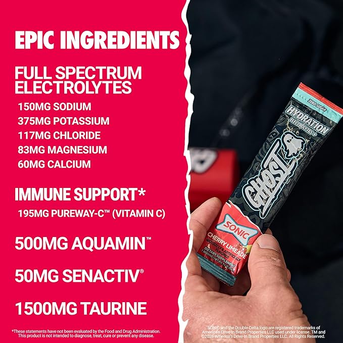 GHOST Hydration Sticks, Electrolyte Powder Packets, Sonic Cherry Limeade - 24 Sugar Free Instant Electrolyte Drink Mix - Caffeine-Free Daily Hydration & Immune Support with Clean Formula