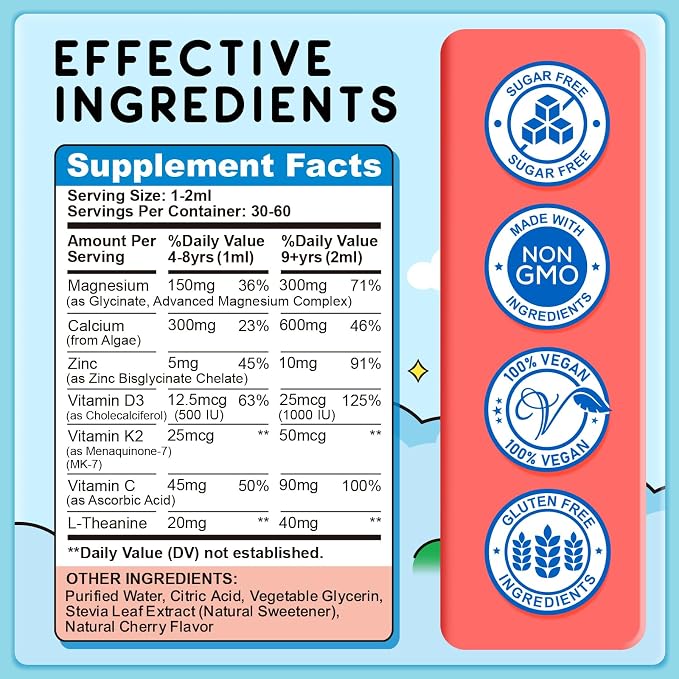(2 Pack) Magnesium Glycinate Liquid for Kids, Kids Magnesium Liquid Drops Supplement with L-Theanine, Calcium, Zinc, Vitamin D3 K2 for Sleep Calm Relaxation Brain Bones Focus, Cherry Flavor 4 Fl Oz