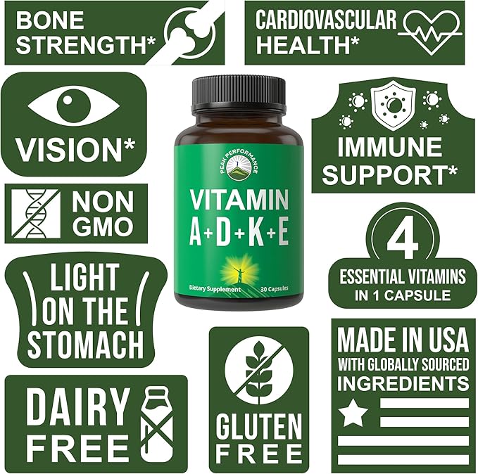 Peak Performance Vitamins D 5,000 iu + A + K + E All in 1 Easy to Swallow Vegan Capsule. ADK Vitamin Supplement with E D3 K2. Essential Vitamins for Mood, Immune, Bone, Vision, Heart
