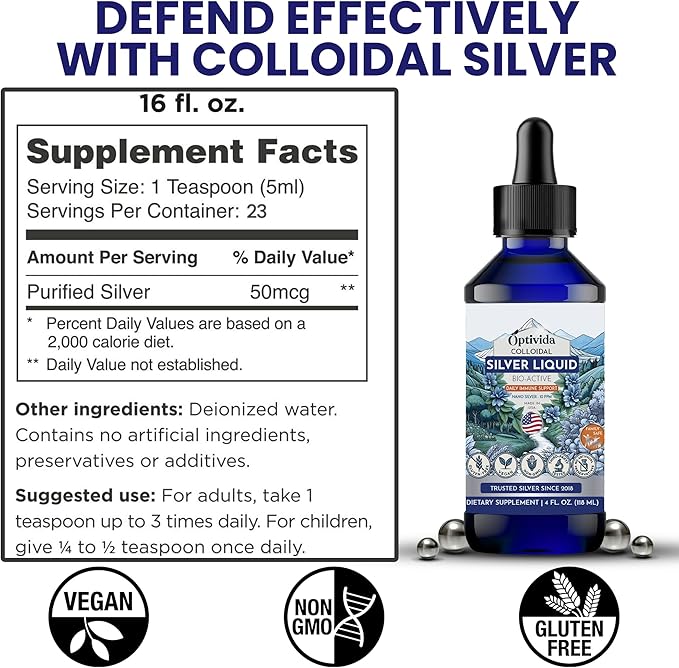 Optivida Colloidal Silver Liquid - 10 PPM Liquid Silver Immune Support, Pure Nano Silver Hydrosol Liquid for Family Wellness - Natural Silver Water for Adults & Kids, Non-GMO, 3rd Party Tested - 4 Oz