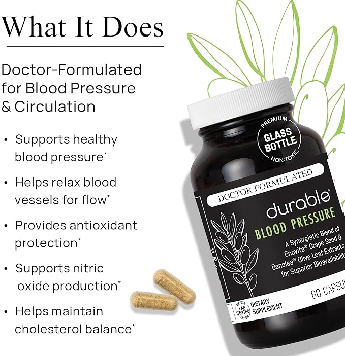 Durable Blood Pressure – Benolea Olive Leaf & Enovita Grape Seed Extract – Healthy Circulation, Nitric Oxide & Artery Support – Doctor Formulated, Vegan, Non-GMO, Made in USA (180 Capsules)