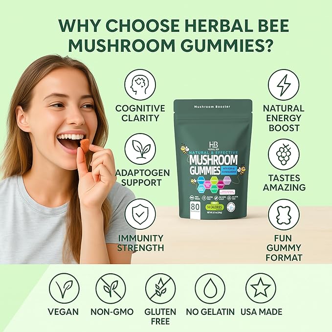 Organic Ashwagandha & Lions Mane Mushroom Gummies - Reishi, Cordyceps, Turkey Tail, Maitake, Shitake & Chaga, Immune Support & defense, Brain Boost, Vegan, All-in-One Superfood supplement | 80 gummies