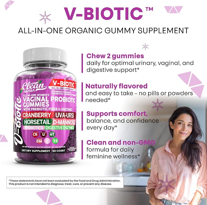 Clean Nutra Vbiotic Gummies, Cranberry, Horsetail, D-Mannose, UVA-Ursi, Probiotic Blend, Enzyme Blend, 60 Count (2)