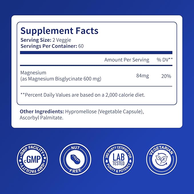 Pure Magnesium Glycinate 600mg - Magnesium Bisglycinate Supplement, High Absorption Magnesium Supplement for Sleep Support & Muscle Function, Non GMO, 120 Count