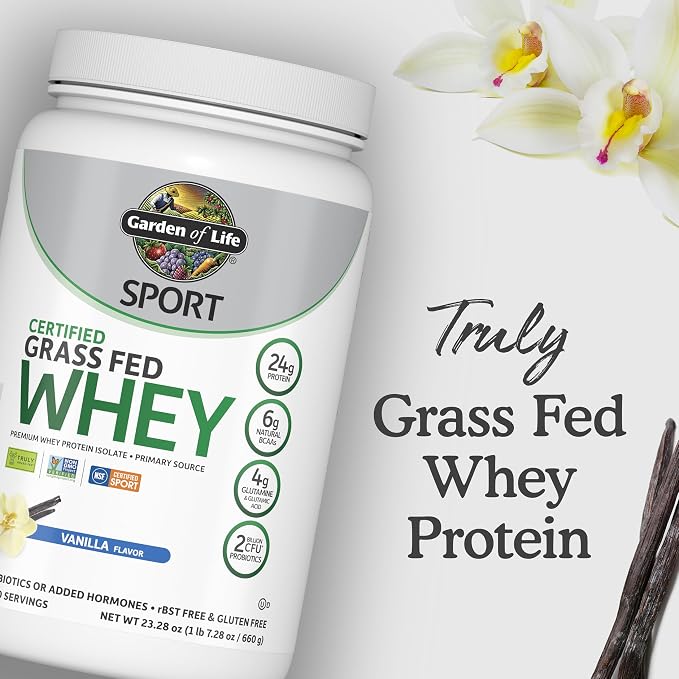 Garden of Life Sport Grass Fed Whey Protein Powder – 24g Whey Protein Isolate for Women & Men with Probiotics & Glutamine, Non-GMO, Gluten-Free, Cold-Processed, Vanilla Flavor, 20 Servings