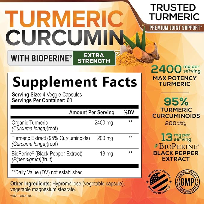 Turmeric Curcumin Supplement - 2400mg Organic Turmeric Per Serving - 95% Curcuminoids & BioPerine Black Pepper Extract for Best Absorption - Natural Vegan Joint Support, Bottled in USA - 240 Capsules