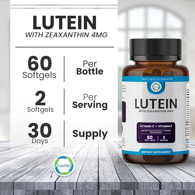 Lutein Vitamin C + Vitamin E – 20mg Lutein with 4mg Zeaxanthin – Eye Health Support – Blue Light & UV Protection – Supports Macular & Retinal Function – 60 Softgels – USA Made – GMP Certified