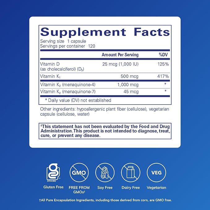 Pure Encapsulations Synergy K - with Vitamin K1, K2 & D3 - Supports Bones, Blood Vessels, Vascular Elasticity & Calcium Utilization* - Includes Cholecalciferol - Gluten Free & Non-GMO - 120 Capsules