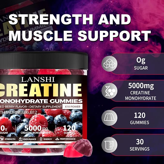 Creatine Monohydrate Gummies 5000mg - Sugar Free Pre Workout Supplement for Men & Women, Creatine Gummies for Muscle, Strength, Recovery, Cognitive Health & Memory, Mixed Berry Flavor, 120 Count