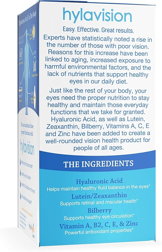 Hyalogic HylaVision Eye Vitamins – with Hyaluronic Acid, Clear Eyes with Lutein and Zeaxanthin Supplements for Eye Care Eye Health Support - 120 Capsules
