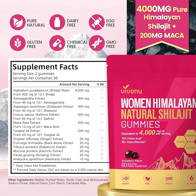 VivoNu Himalayan* Shilajit* Gummies with Ashwagandha* & Gokshura | 85+ Trace Minerals & Fulvic Acid | Organic, Micronutrient Supplement for Men & Women (Women 4000mg / 1 Bag)