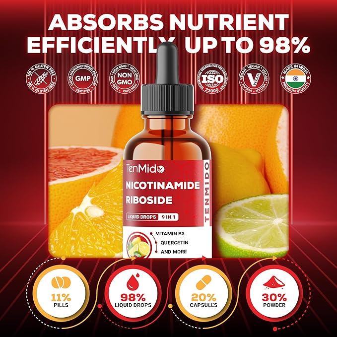 NAD+ Supplement Liquid Drops - 9in1 with Nicotinamide Riboside, Resveratrol, Quercetin, TMG Trimethylglycine, Fisetin, Co Q10, PQQ, and Black Pepper - 30ml 1 Fl Oz