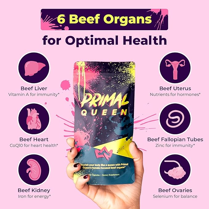 Primal Queen Female-Optimized Beef Organ Superfood Supplement – Grass-Fed, Pasture-Raised Beef Liver, Kidney, Heart, & More – Hormone Balance & Energy for Women – Pack of 2